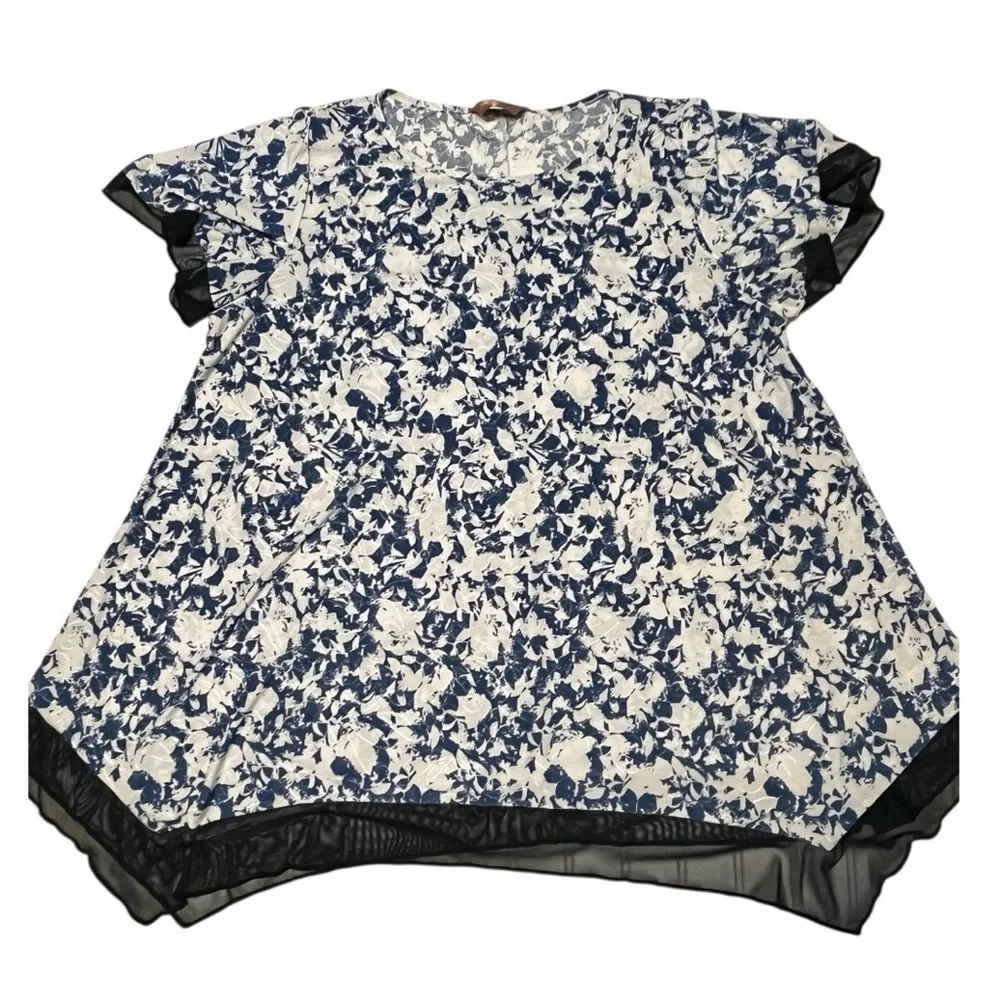 Amana Women's Floral Blouse 2X Navy White Boho Chiffon Ruffle Trim Top NWT - Picture 5 of 7